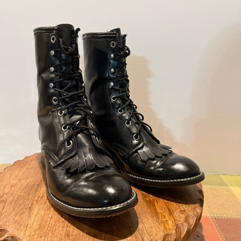 Vintage Laredo Kiltie Packer Boots Women 7.5 D Black Leather Lace Up Western USA